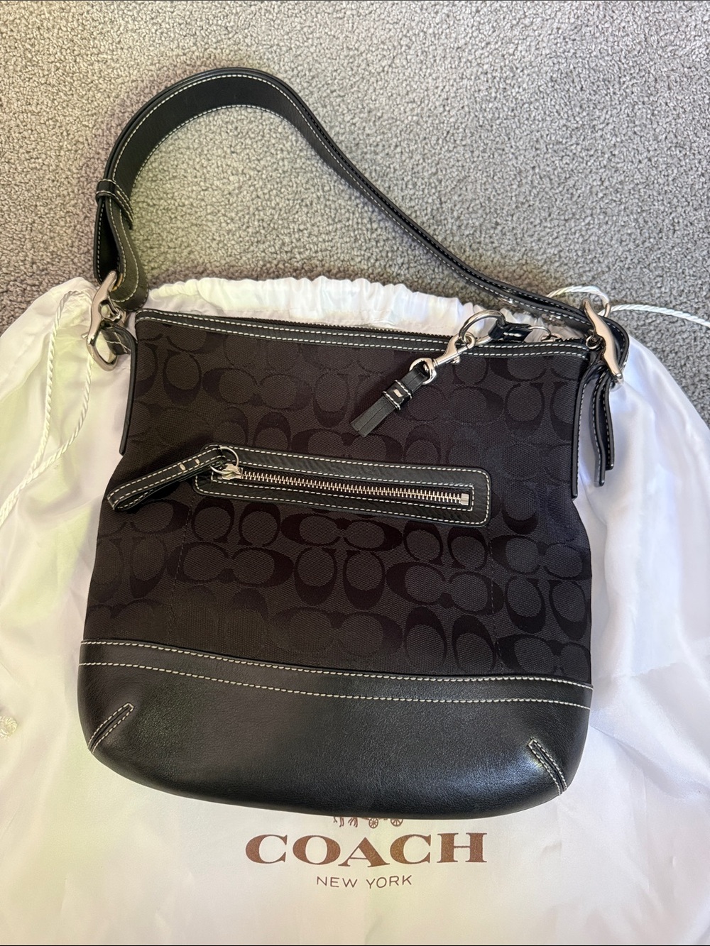 Coach Black Signature Canvas Hobo/Convertible Bag w/Dust Bag & Leather Trim!